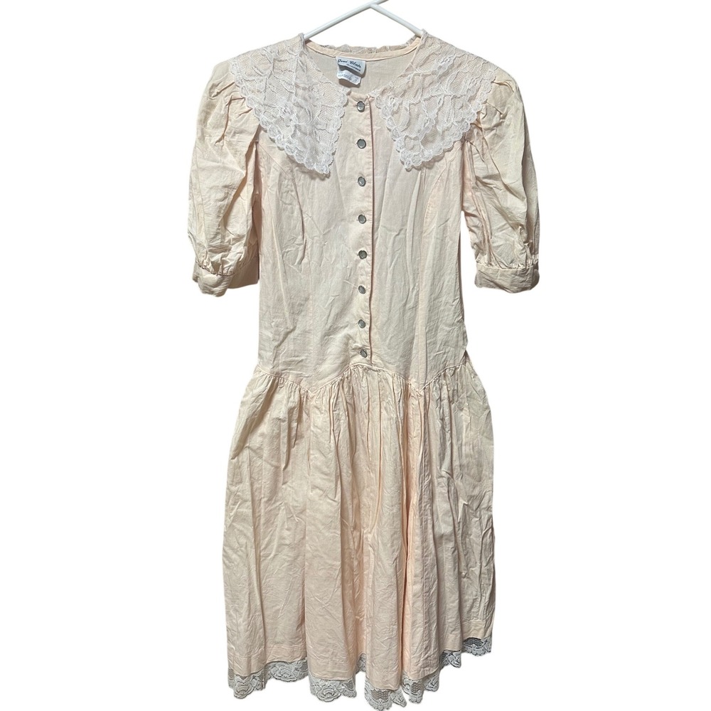 Vintage 1970s Joni Blair Prairie Dress Lace Collar Cotton Pockets USA 7 - Picture 2 of 10